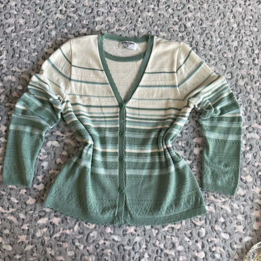 Alfred Dunner Petite Vintage Sage and White Striped Acrylic 2-Fer Cardigan Sweat